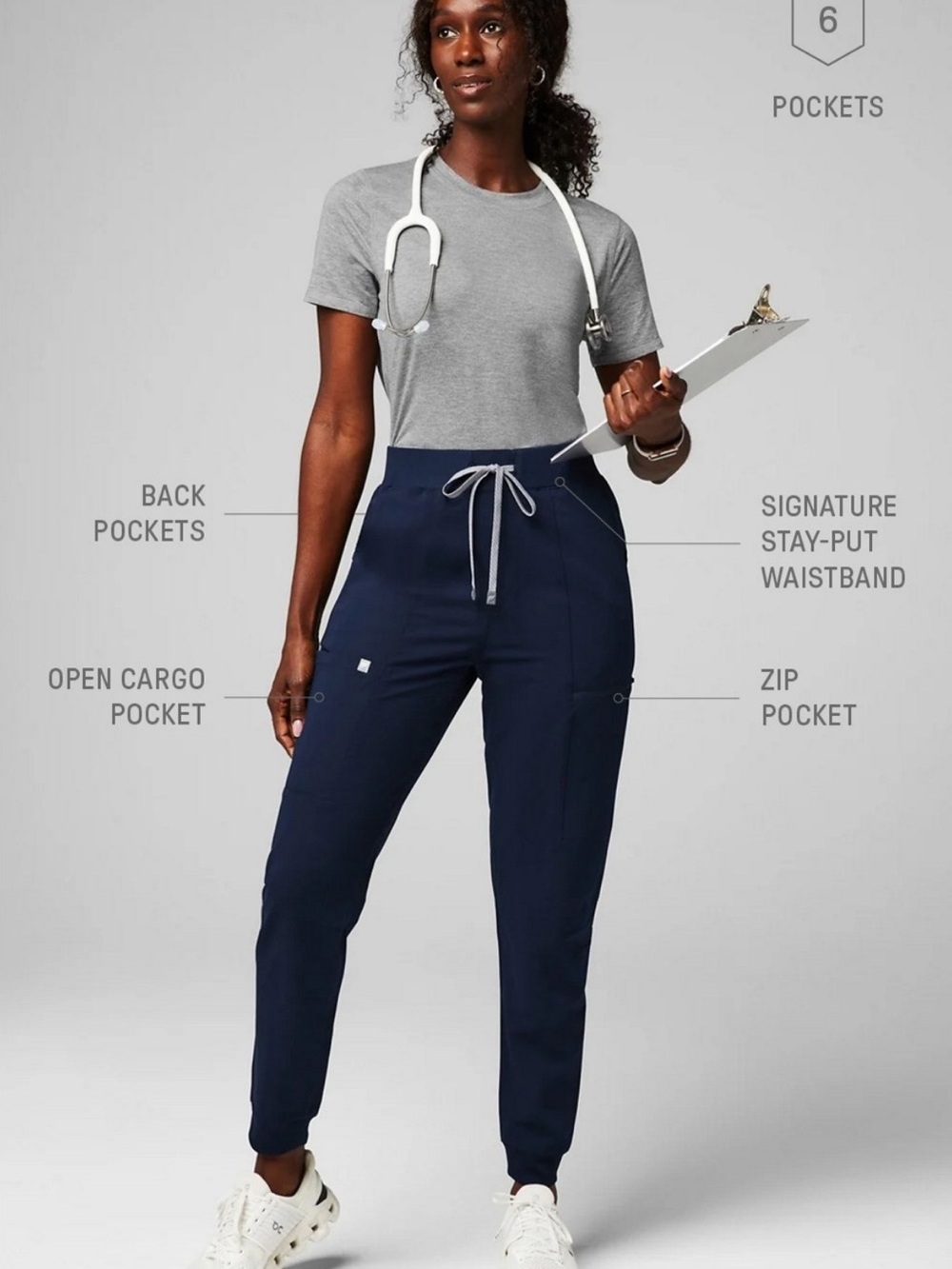 Fabletics Navy Drawstring Cargo Joggers with Gray Waist Tie